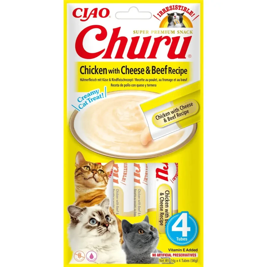 INABA Churu Churu Курка, сир та яловичина, пакетик, тюбик, беззернові ласощі для котів, (пюре), 56г: ціни та характеристики