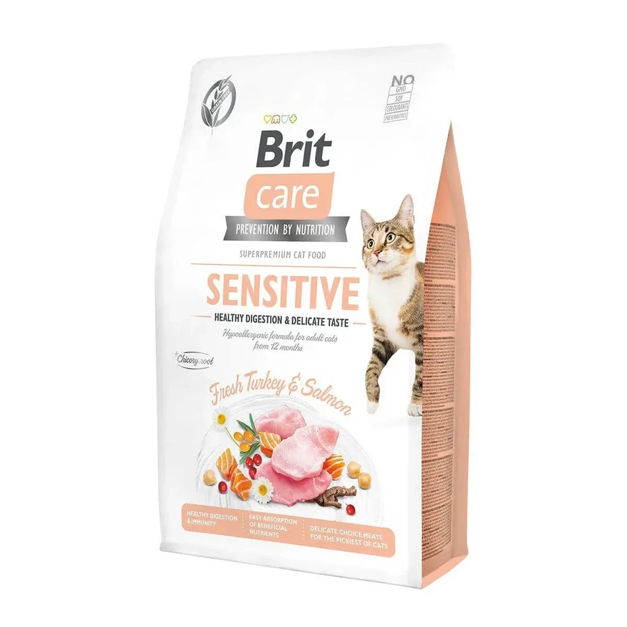 BRIT Care Sensitive Здоровое пищеварение и нежный вкус, индейка и лосось, беззерновой сухой корм для кошек, чувствительных к пищеварению, 400 г: цены и характеристики