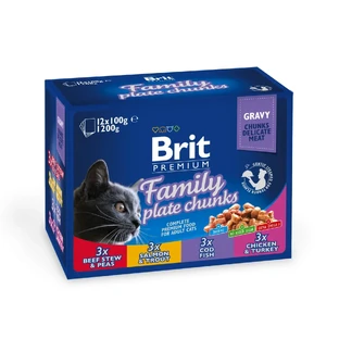 BRIT Premium Multipack Family Plate, 4 вкуса, смешанная упаковка, саше влажного корма для кошек, (в соусе), 100 г x 12