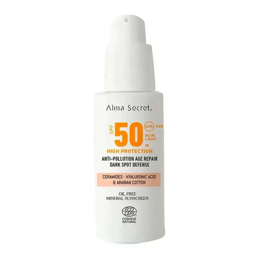 Натуральний сонцезахисний крем для обличчя Alma Secret Solar Spf 50 з керамідами, проти пігментних плям та без олій (колір: пісочний): ціни та характеристики
