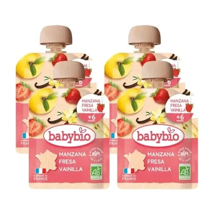 Babybio Пакетик Яблуко Полуниця Ваніль, упаковка 4 х 90 грамів