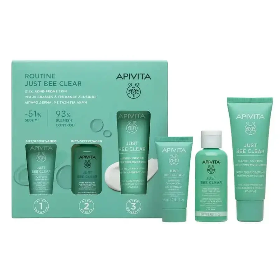 Apivita Just Bee Clear + Очищающий гель 15Мл + Очищающий лосьон 50Мл: цены и характеристики