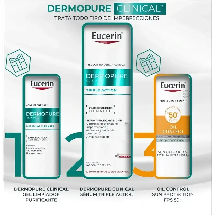 Сироватка для жирної шкіри Eucerin Pack Dermopure, 40 мл + Міні-гель для вмивання 20 мл + Міні-сонцезахисний крем 20 мл: ціни та характеристики