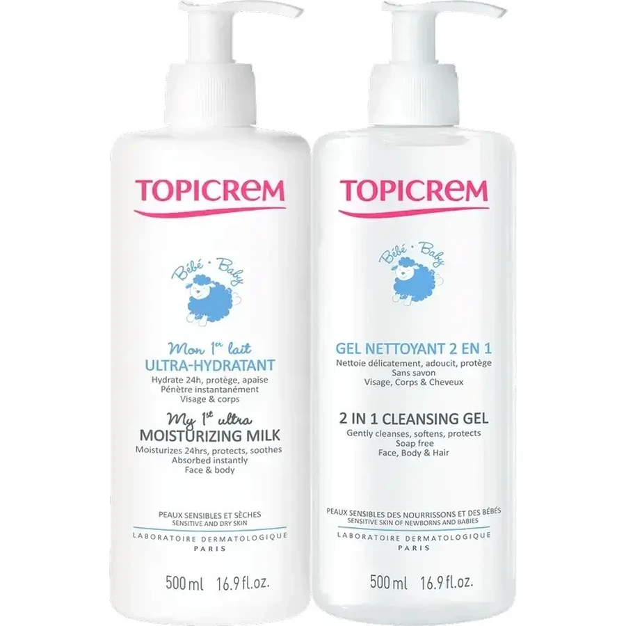 Topicrem Pack Дитяче ультразволожуюче молочко 500 мл + Очищуючий гель 500 мл: ціни та характеристики