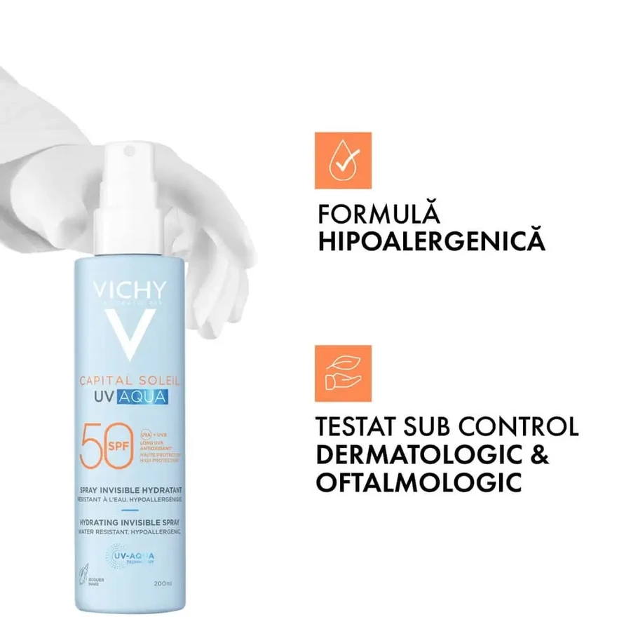 Зволожуючий спрей для обличчя та тіла із захистом від сонця SPF 50 Capital Soleil Soleil UV Aqua, 200 мл, Vichy: ціни та характеристики