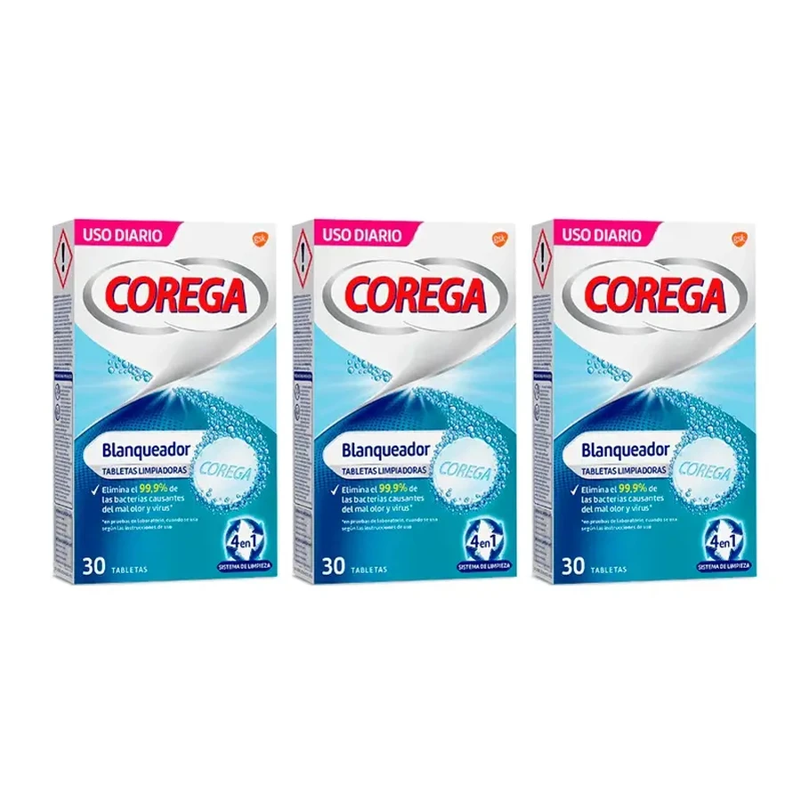 Corega Triplo Whitening Отбеливающие очищающие таблетки, 3 х 30 шт.: цены и характеристики