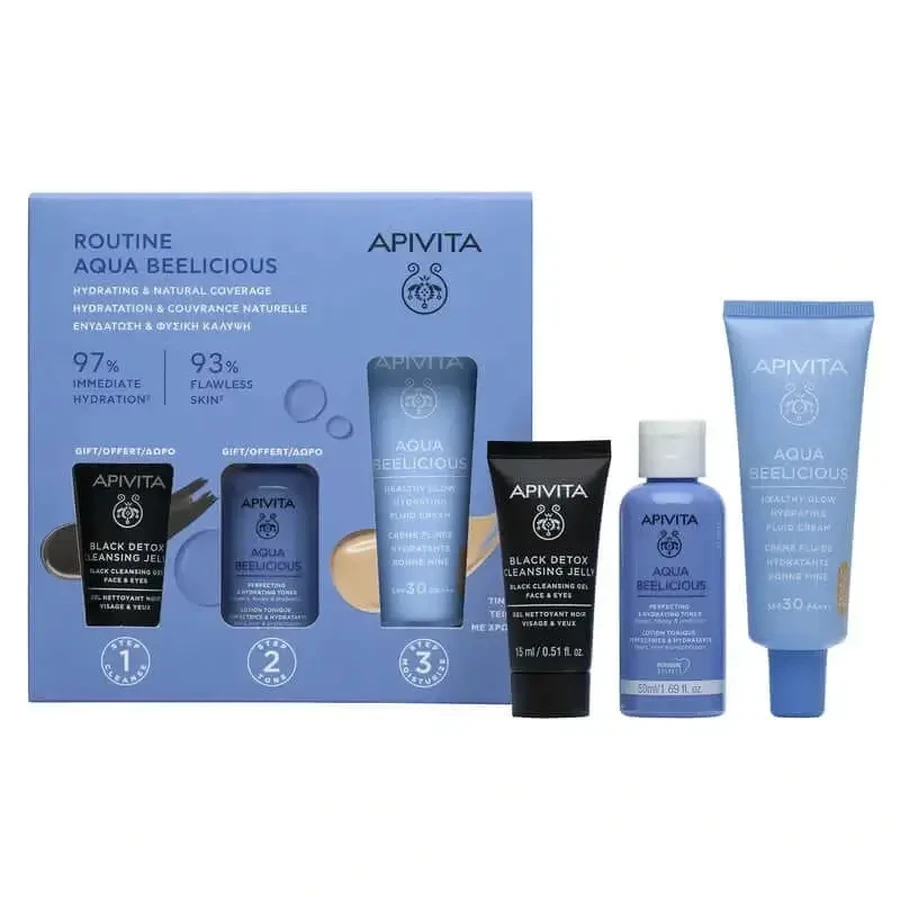 Apivita Aqua Beelicious Brightening Moisturising Fluid Cream Spf30 Colour + Black Detox 15Ml + Perfecting Toner 50Ml: цены и характеристики