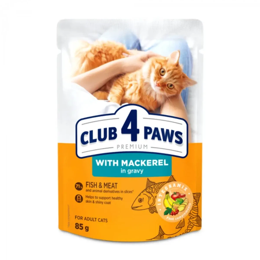 CLUB 4 PAWS, Скумбрія, вологий корм для котів у пакетиках, (в соусі), 85г: ціни та характеристики