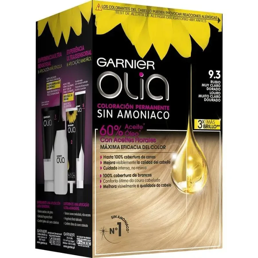 Garnier Olia Перманентное окрашивание без аммиака, приятный запах с цветочными маслами натурального происхождения - очень светлый золотистый блондин 9.3: цены и характеристики