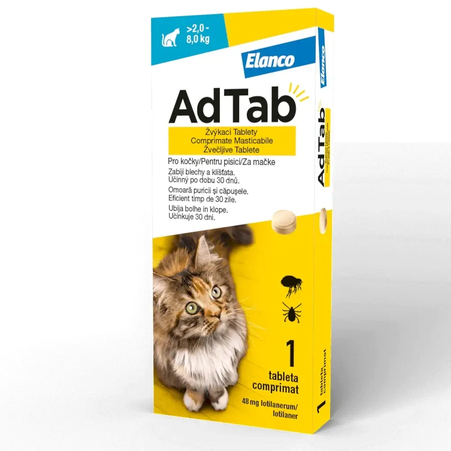 Оральный антипаразитарный препарат для кошек 2-8 кг AdTab Cat 48 мг, 1 таблетка, Elanco: цены и характеристики