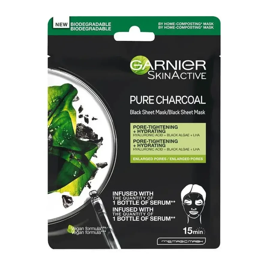 Garnier Skin Active Black Tissue Mask з екстрактом чорних водоростей та гіалуроновою кислотою для шкіри з великими порами: ціни та характеристики