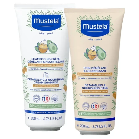 Набір Mustela, живильний шампунь для легкого розплутування, довге, кучеряве, хвилясте волосся, з першого дня, 200 мл + кондиціонер для легкого розплутування волосся, 200 мл: ціни та характеристики