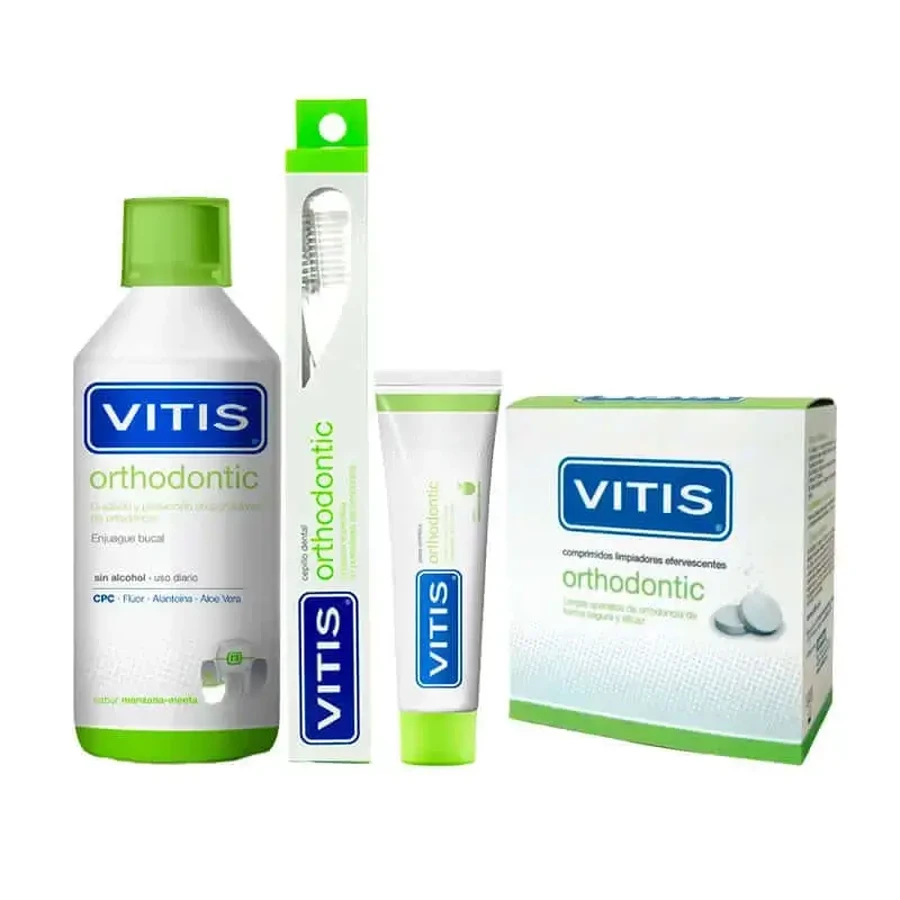 VITIS Ортодонтія / Ортодонтичний набір (ополіскувач для порожнини рота 1000 мл + зубна паста 100 мл + 32 таблетки + ортодонтична щітка): ціни та характеристики