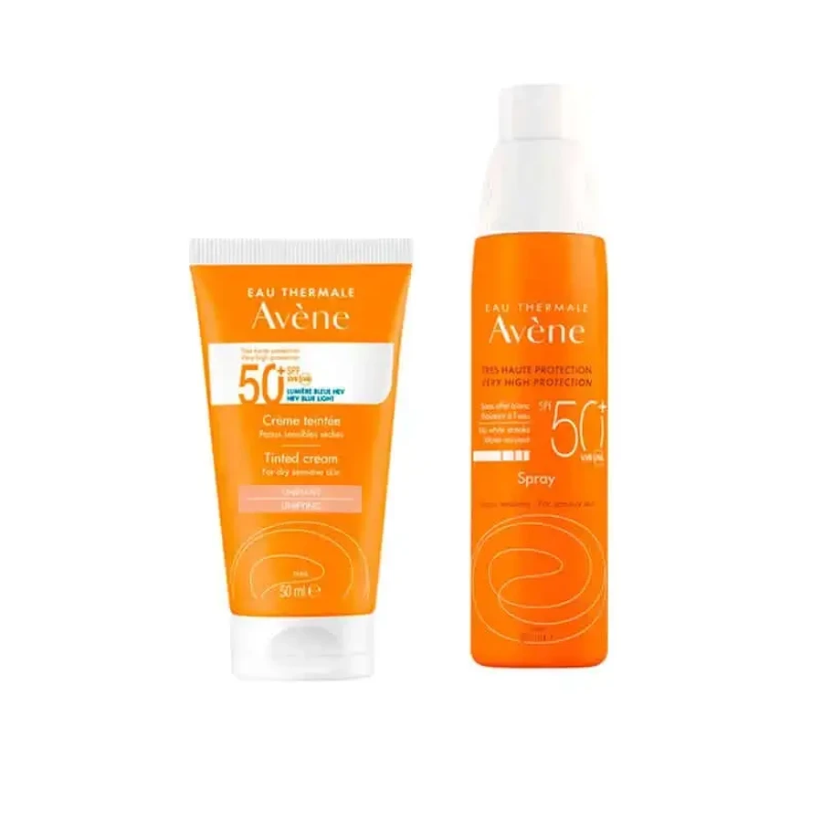 Avene Pack Сонцезахисний крем для чутливої шкіри SPF50+ колір 50 мл + Avene Сонцезахисний спрей для чутливої шкіри SPF50+ 200 мл: ціни та характеристики