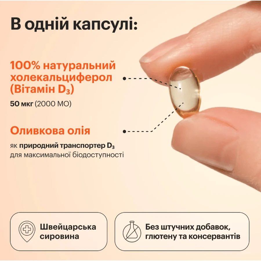 Вітамін D3 2000 МО Perla Helsa капсули по 50 мкг, №60: ціни та характеристики