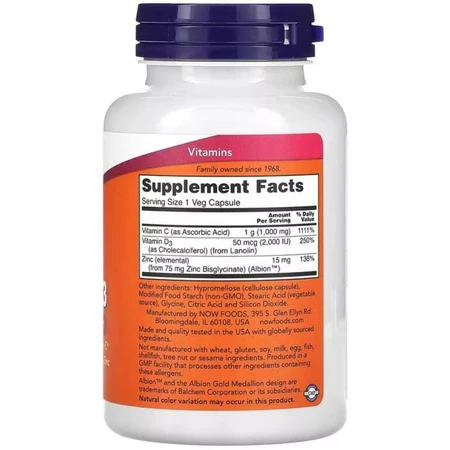 Витамин C-1000, Цинк и витамин D3, Vitamin C-1000 Zinc & D-3, Now Foods, 100 вегетарианских капсул: цены и характеристики
