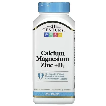 Кальцій, Магній, Цинк та Вітамін D3, Calcium Magnesium Zinc + D3, 21st Century, 250 таблеток: ціни та характеристики