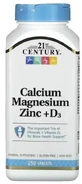 Кальцій, Магній, Цинк та Вітамін D3, Calcium Magnesium Zinc + D3, 21st Century, 250 таблеток