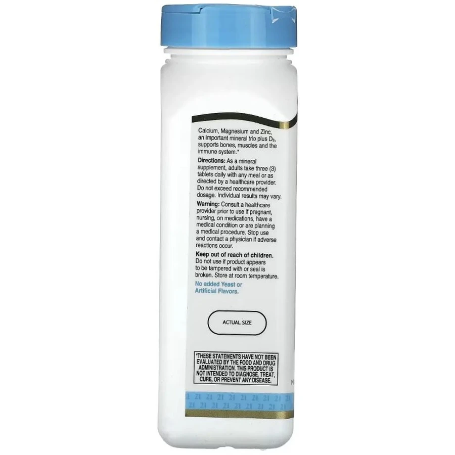 Кальцій, Магній, Цинк та Вітамін D3, Calcium Magnesium Zinc + D3, 21st Century, 250 таблеток: ціни та характеристики