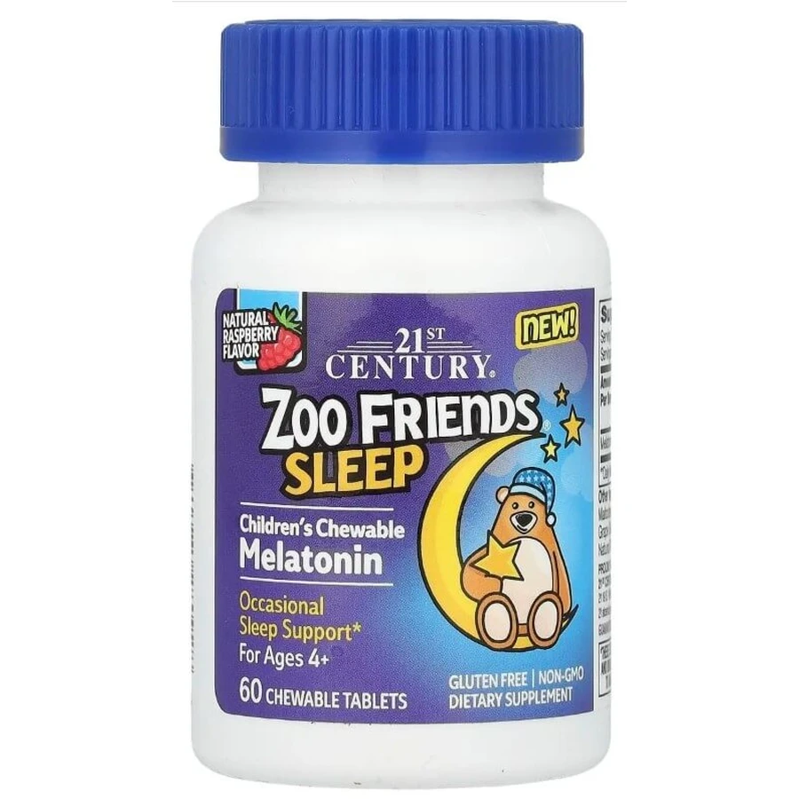 Мелатонін для дітей від 4 років, смак малини, Zoo Friends Sleep, Children's Chewable Melatonin 21st Century, 60 жувальних таблеток: ціни та характеристики
