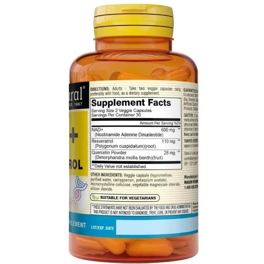 NAD+ с ресвератролом, NAD+ Supplement with Resveratrol, Mason Natural, 60 вегетарианских капсул: цены и характеристики