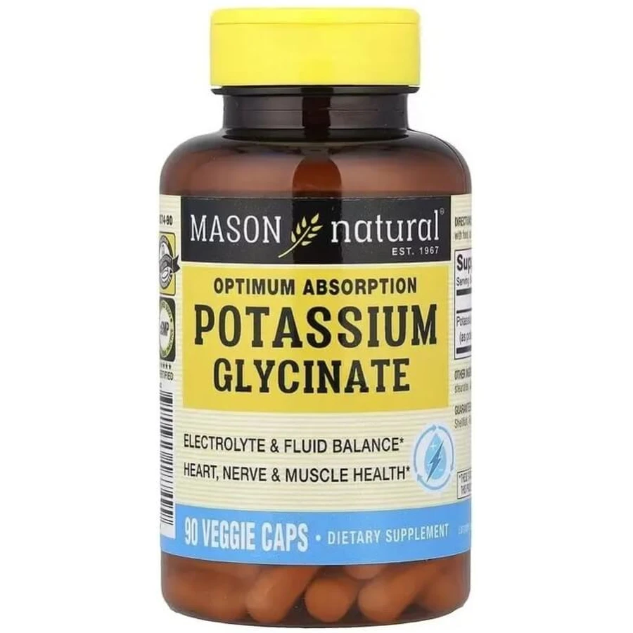 Калий глицинат, Optimum Absorption Potassium Glycinate, Mason Natural, 90 вегетарианских капсул: цены и характеристики