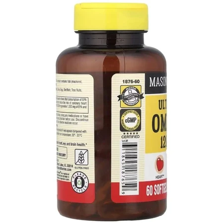 Омега-3, 1200 мг, Ultra Max Omega-3, Mason Natural, 60 гелевых капсул: цены и характеристики