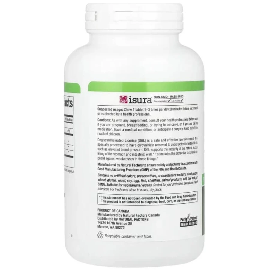 Солодка (Лакрица), деглицирризиновый экстракт корня, DGL, Deglycyrrhizinated Licorice Root Extract, Natural Factors, 180 жевательных таблеток: цены и характеристики