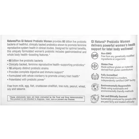Пробіотик для жінок, 60 млрд КУО, GI Natural, Probiotic Women, Natures Plus, 30 капсул: ціни та характеристики