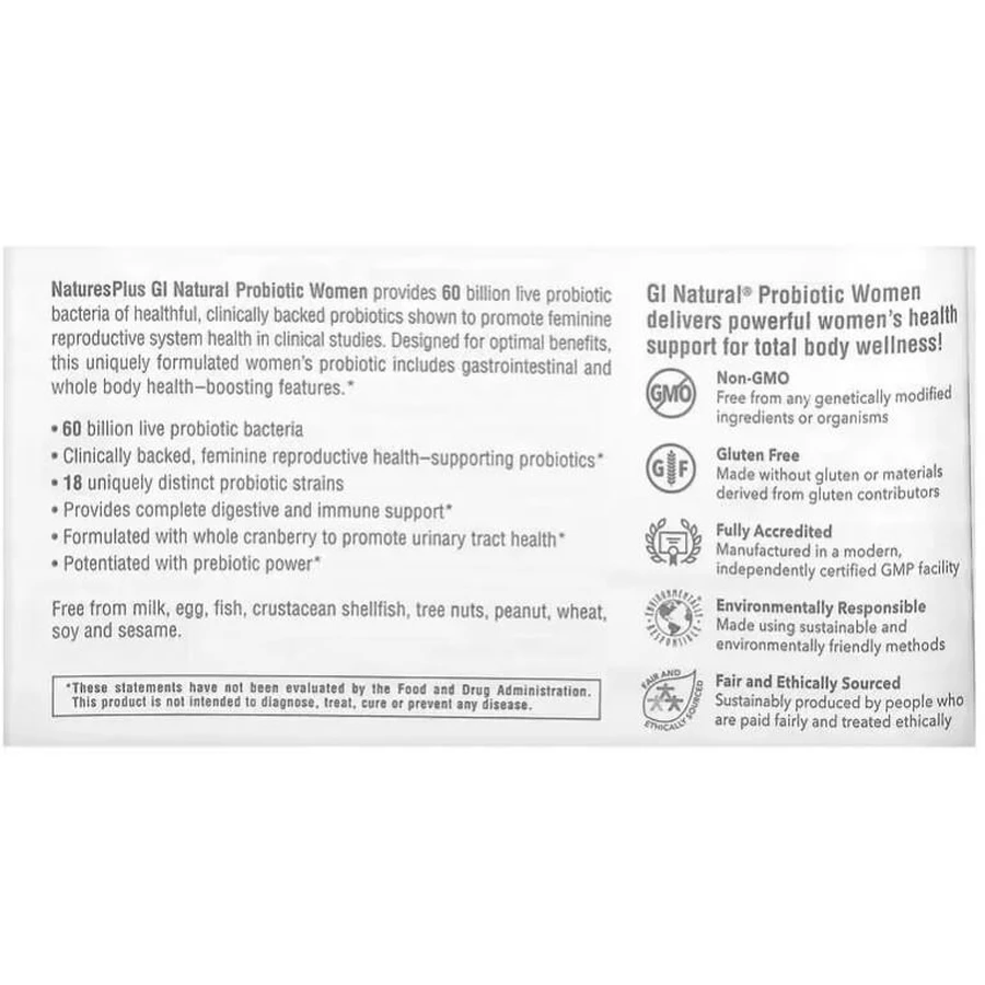 Пробіотик для жінок, 60 млрд КУО, GI Natural, Probiotic Women, Natures Plus, 30 капсул: ціни та характеристики