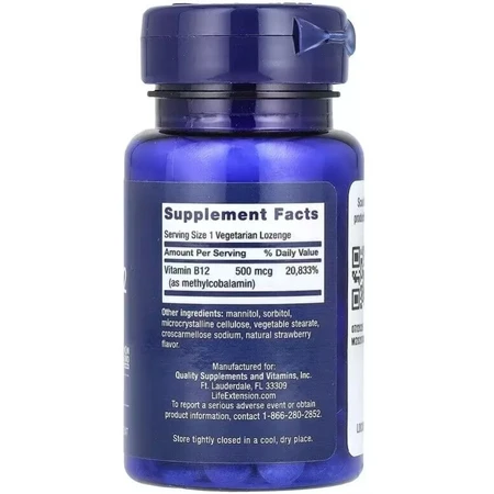 Вітамін B12, Метилкобаламін, 500 мкг, смак полуниці, Vitamin B12, Methylcobalamin, Life Extension, 100 жувальних таблеток: ціни та характеристики