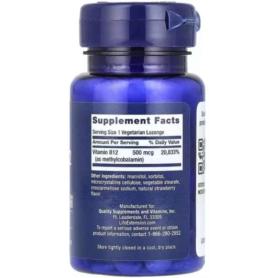 Вітамін B12, Метилкобаламін, 500 мкг, смак полуниці, Vitamin B12, Methylcobalamin, Life Extension, 100 жувальних таблеток: ціни та характеристики