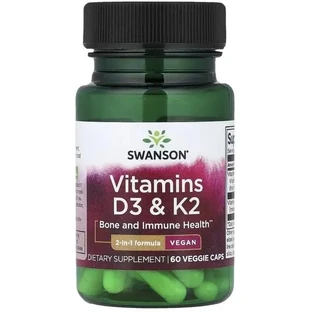 Витамины D3 и K2, Vitamins D3 & K2, Swanson, 60 веганских капсул