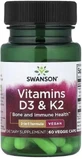 Витамины D3 и K2, Vitamins D3 &amp; K2, Swanson, 60 веганских капсул