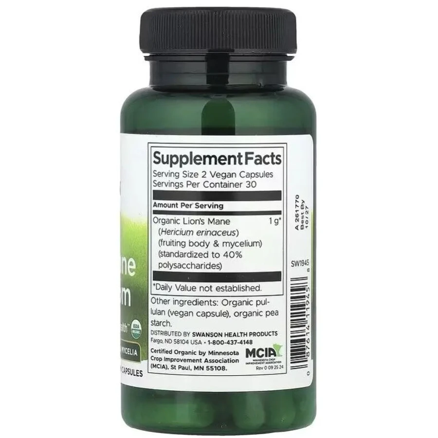Їжовик гребінчастий, Organic Lion's Mane Mushroom, Swanson, 60 веганських капсул: ціни та характеристики