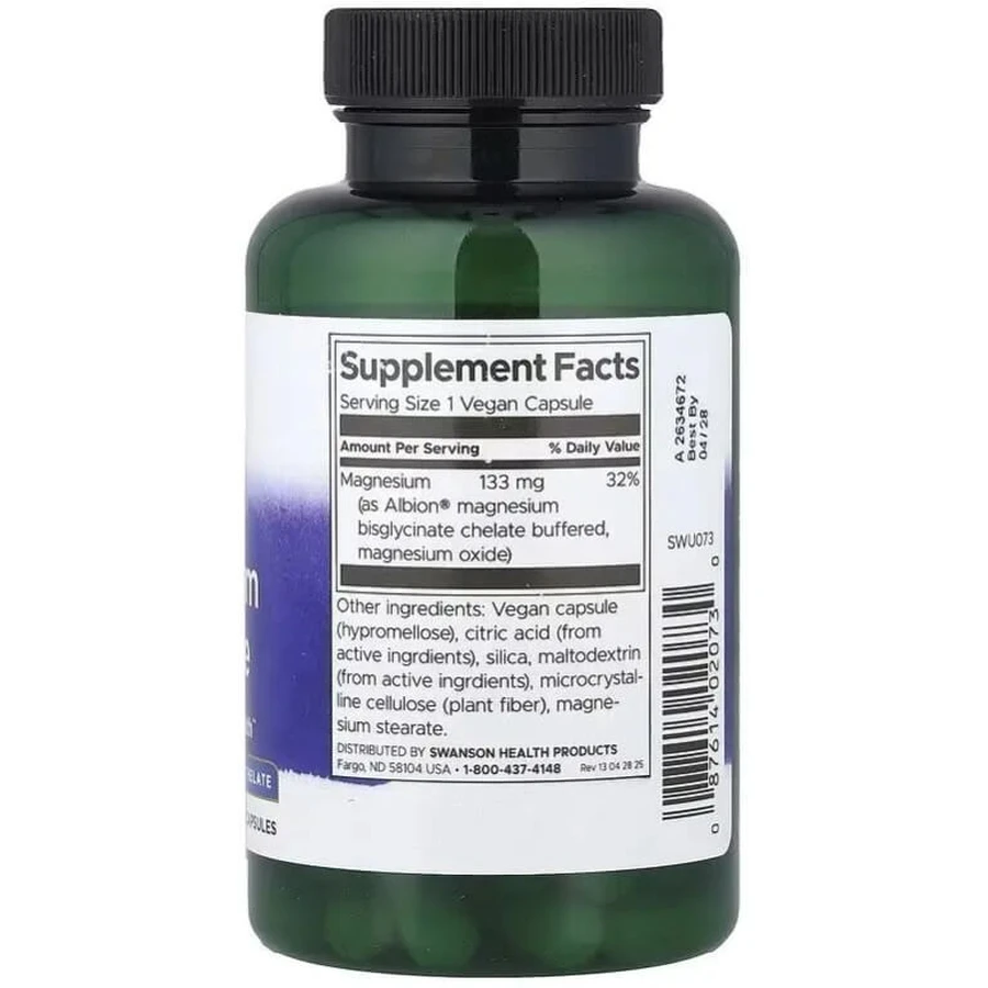Магній гліцинат, 133 мг, Albion, Magnesium Glycinate, Swanson, 90 веганських капсул: ціни та характеристики