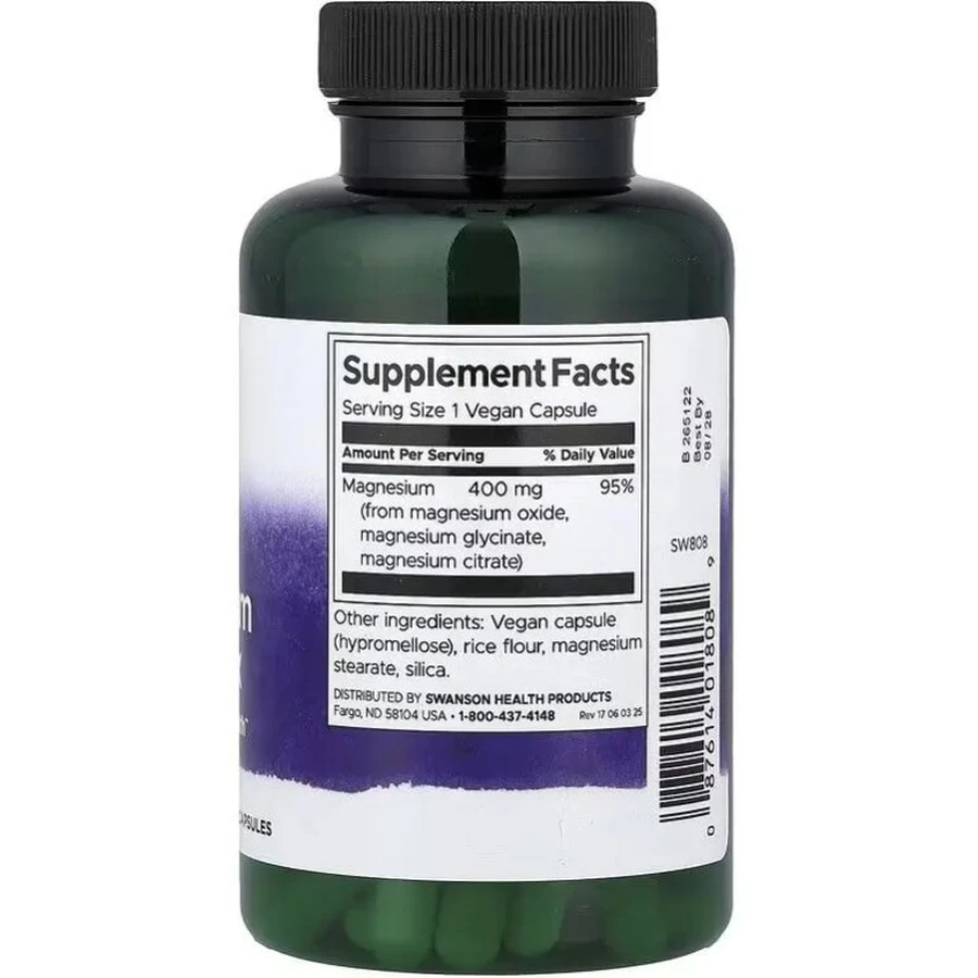 Магній потрійний комплекс, 400 мг, Triple Magnesium Complex, Swanson, 100 веганських капсул: ціни та характеристики