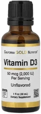 Вітамін D3 у краплях, 50 мкг (2000 МО), без смаку, Vitamin D3, California Gold Nutrition, 30 мл