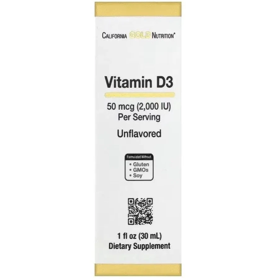 Вітамін D3 у краплях, 50 мкг (2000 МО), без смаку, Vitamin D3, California Gold Nutrition, 30 мл: ціни та характеристики