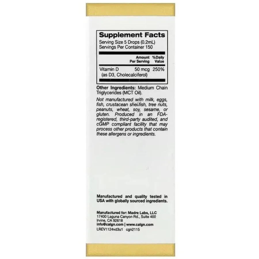 Вітамін D3 у краплях, 50 мкг (2000 МО), без смаку, Vitamin D3, California Gold Nutrition, 30 мл: ціни та характеристики