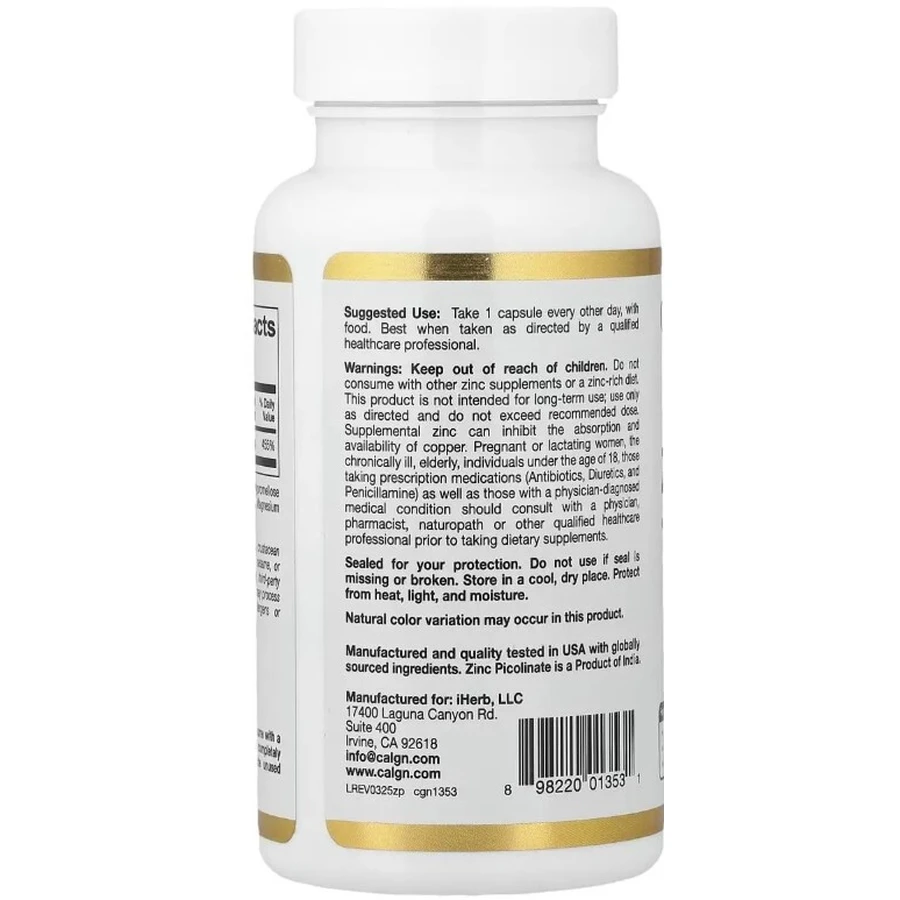 Цинк пиколинат, 50 мг, Zinc Picolinate, California Gold Nutrition, 120 вегетарианских капсул: цены и характеристики
