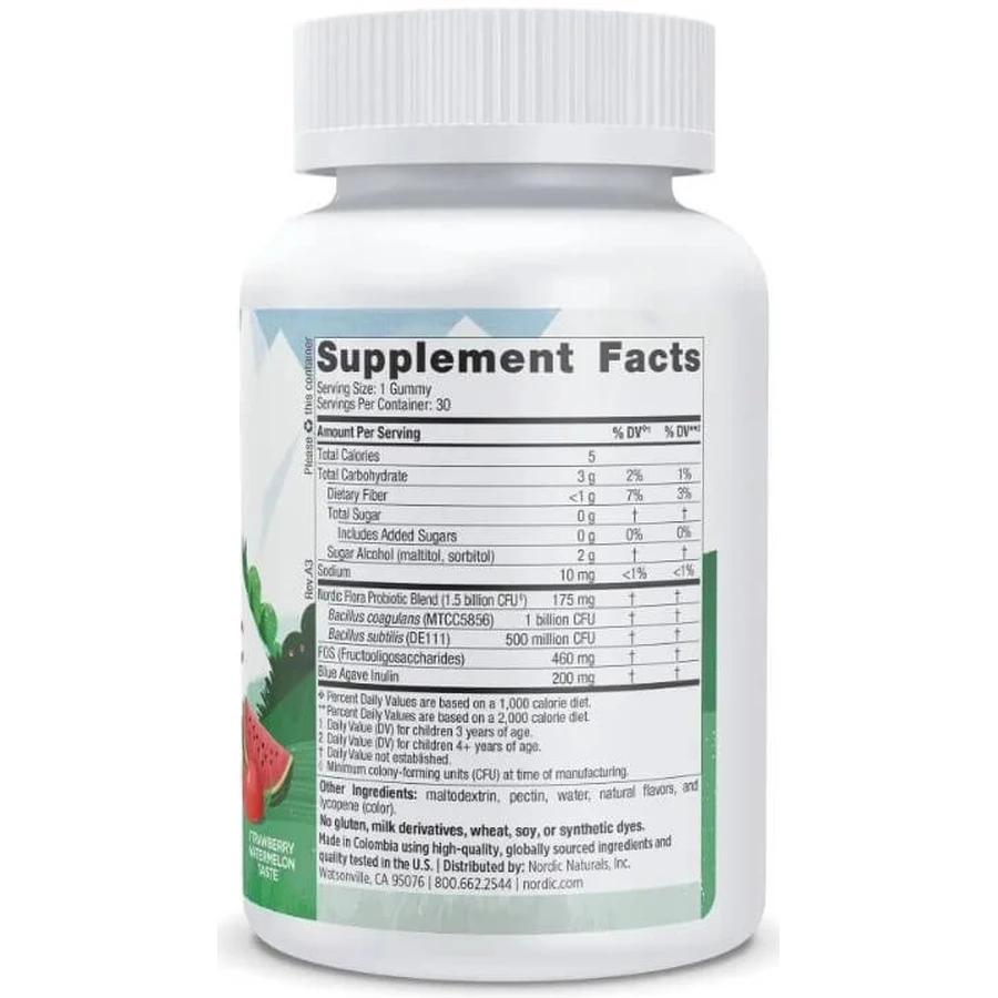 Пробіотики для дітей без цукру, смак полуниці та кавуна, Zero Sugar Kids Probiotic Gummies, Nordic Naturals, 30 жувальних таблеток: ціни та характеристики
