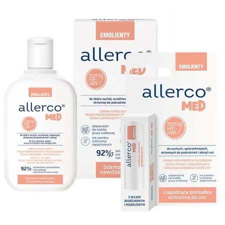 Allerco Med Emolients, увлажняющий шампунь, 200 мл + успокаивающий бальзам для губ, 4,9 г бесплатно: цены и характеристики