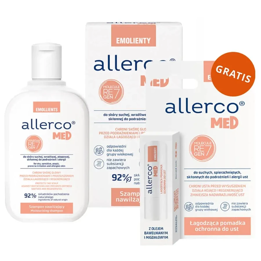 Allerco Med Emolients, увлажняющий шампунь, 200 мл + успокаивающий бальзам для губ, 4,9 г бесплатно: цены и характеристики
