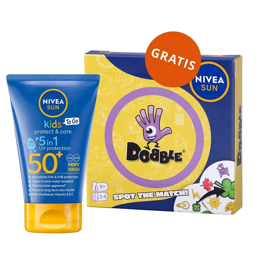Nivea Sun Kids Protect & Care 5в1, сонцезахисний лосьйон для дітей, SPF 50+, 50 мл + гра Доббл безкоштовно: ціни та характеристики