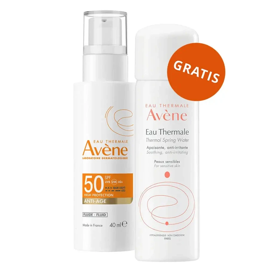 Avene Sun, дуже високий захист від сонця, Anti-Age флюїд, SPF 50+, 40 мл + термальна вода для обличчя та тіла, 50 мл безкоштовно: ціни та характеристики