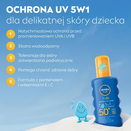 Nivea Sun Kids Protect & Care 5в1, сонцезахисний спрей для дітей, безбарвний, SPF 50+, 200 мл + гра "Доббл" у подарунок: ціни та характеристики