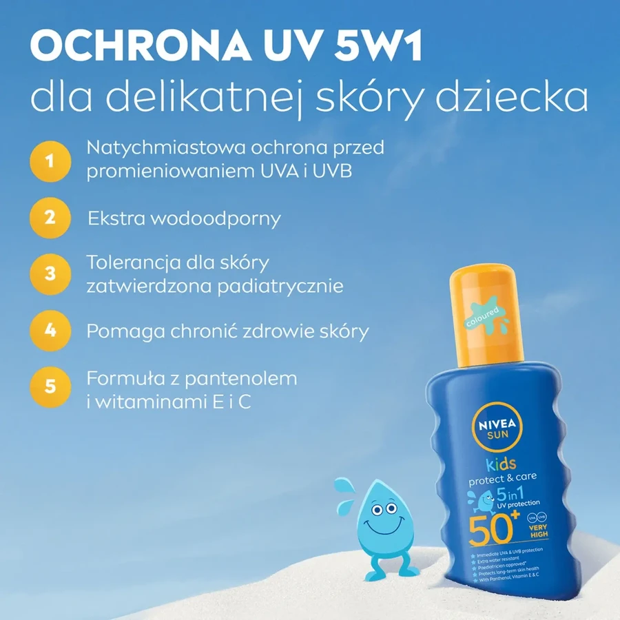 Nivea Sun Kids Protect & Care 5в1, сонцезахисний спрей для дітей, безбарвний, SPF 50+, 200 мл + гра "Доббл" у подарунок: ціни та характеристики