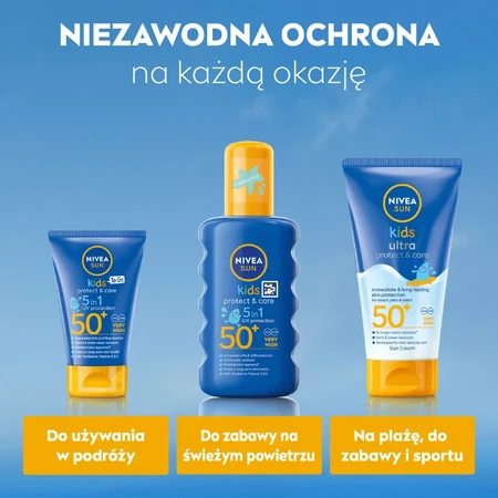 Nivea Sun Kids Protect & Care 5в1, сонцезахисний спрей для дітей, безбарвний, SPF 50+, 200 мл + гра "Доббл" у подарунок: ціни та характеристики