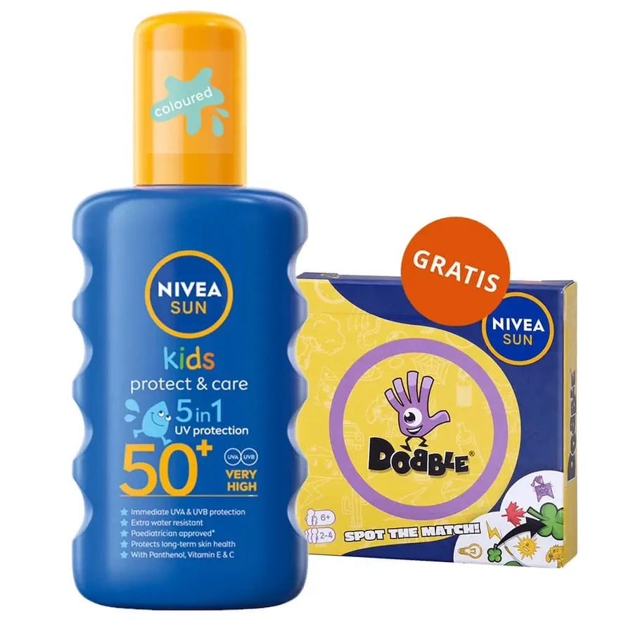 Nivea Sun Kids Protect & Care 5в1, сонцезахисний спрей для дітей, безбарвний, SPF 50+, 200 мл + гра "Доббл" у подарунок: ціни та характеристики